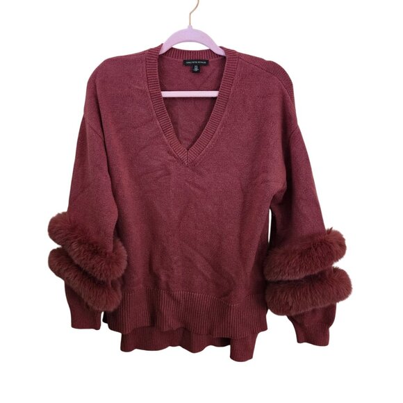 Saks Fifth Avenue Dusty Pink Faux Fur Trim V Neck Sweater Super Soft Size M - Picture 2 of 7